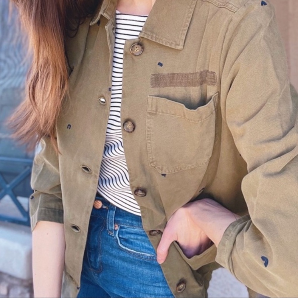 Marine Layer Chore Coat Organic Cotton Olive Embroidered Trucker Jacket - Picture 2 of 12